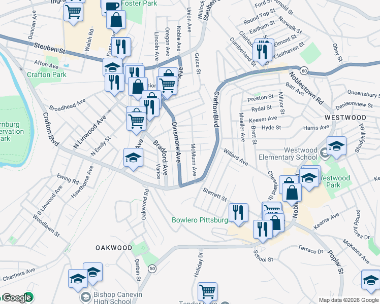 map of restaurants, bars, coffee shops, grocery stores, and more near 22 Elmwood Street in Crafton
