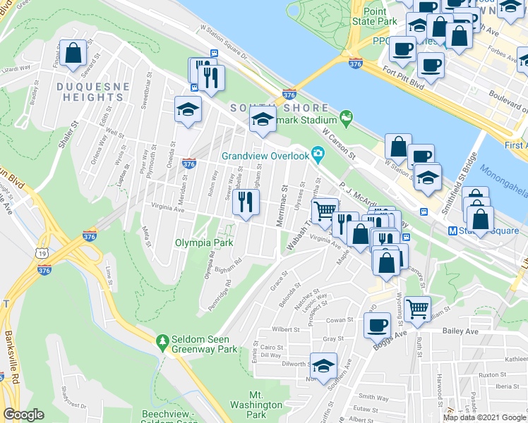 map of restaurants, bars, coffee shops, grocery stores, and more near 214 Amabell Street in Pittsburgh