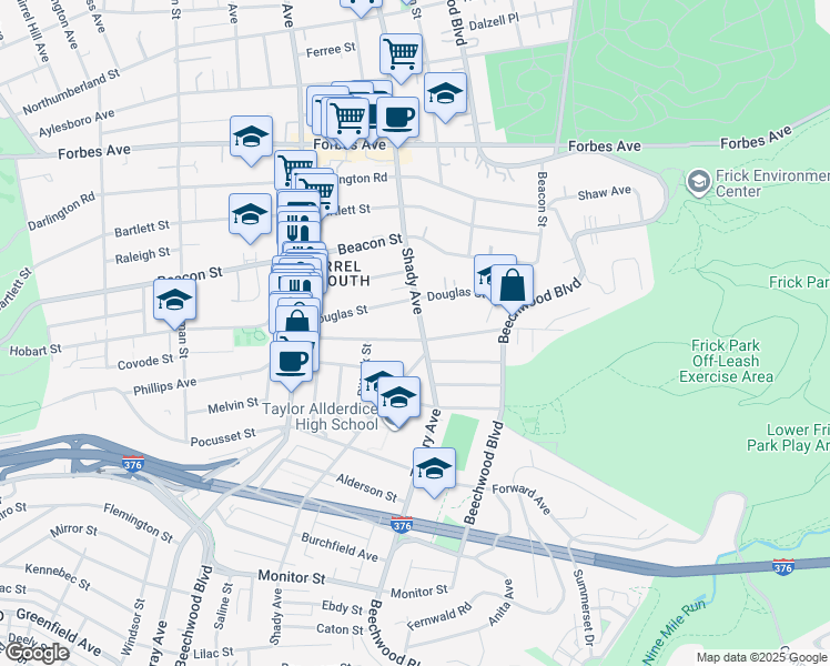 map of restaurants, bars, coffee shops, grocery stores, and more near 2230 Shady Avenue in Pittsburgh