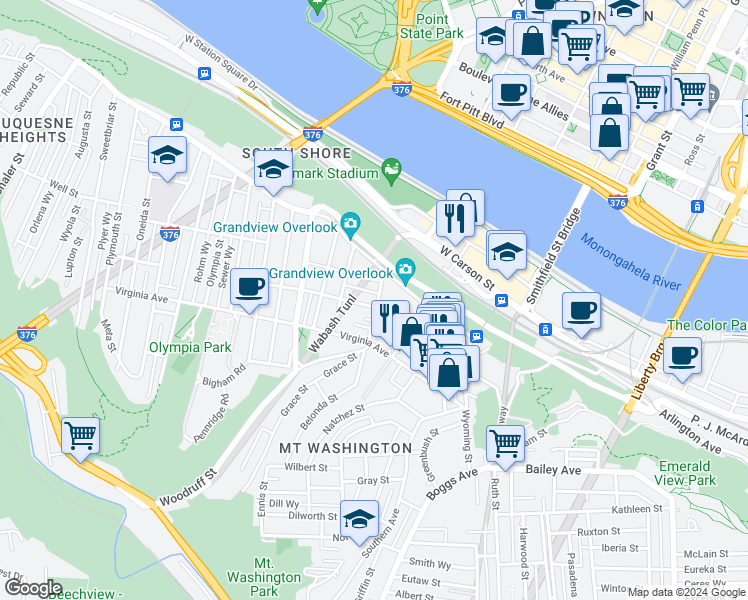 map of restaurants, bars, coffee shops, grocery stores, and more near 124 Kearsarge Street in Pittsburgh