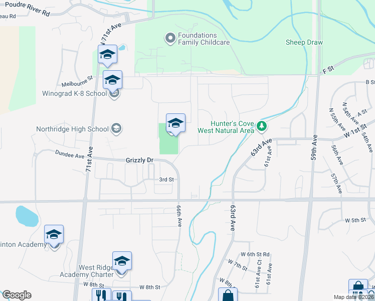 map of restaurants, bars, coffee shops, grocery stores, and more near 6618 2nd Street in Greeley
