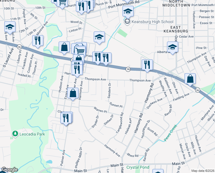 map of restaurants, bars, coffee shops, grocery stores, and more near 12 Sanders Drive in Middletown Township