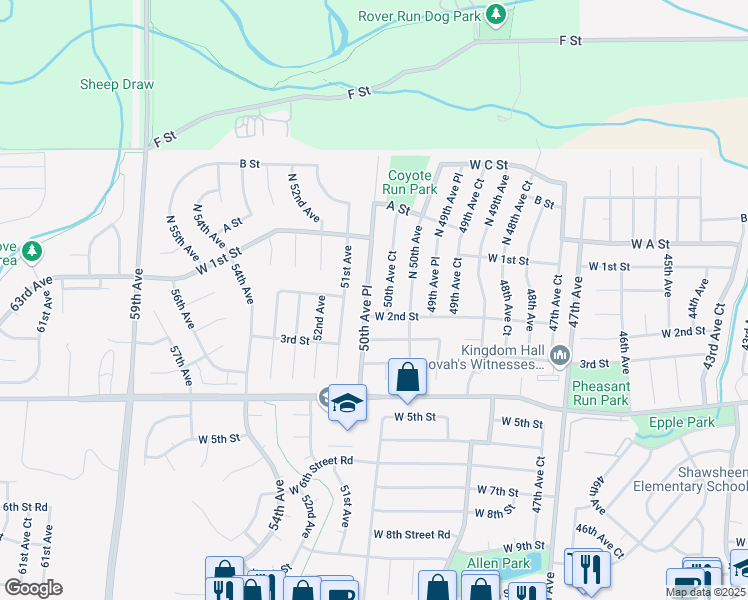 map of restaurants, bars, coffee shops, grocery stores, and more near 178 50th Avenue Court in Greeley