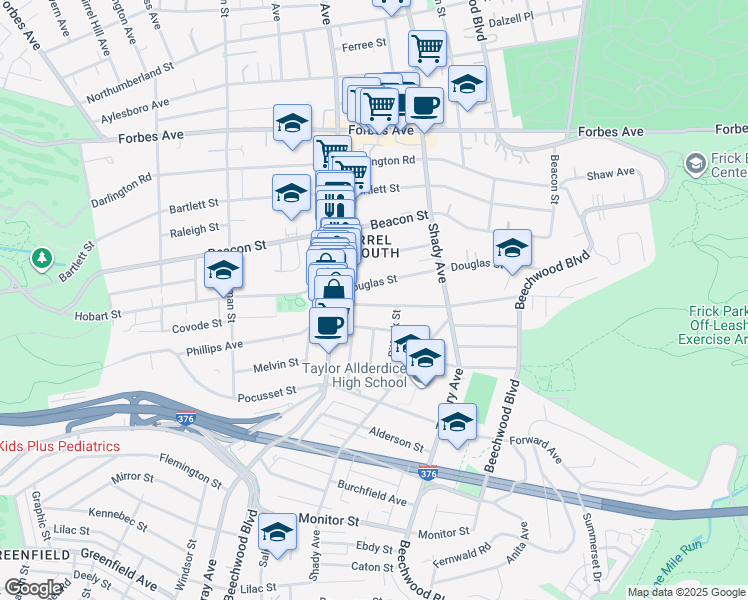 map of restaurants, bars, coffee shops, grocery stores, and more near 5841 Phillips Avenue in Pittsburgh