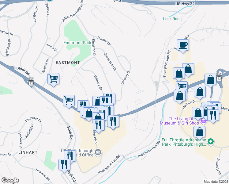 map of restaurants, bars, coffee shops, grocery stores, and more near 210 Kingston Dr in Pittsburgh