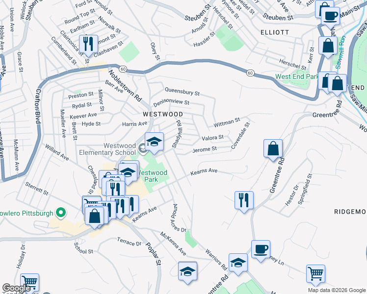 map of restaurants, bars, coffee shops, grocery stores, and more near 1221 Highman Street in Pittsburgh