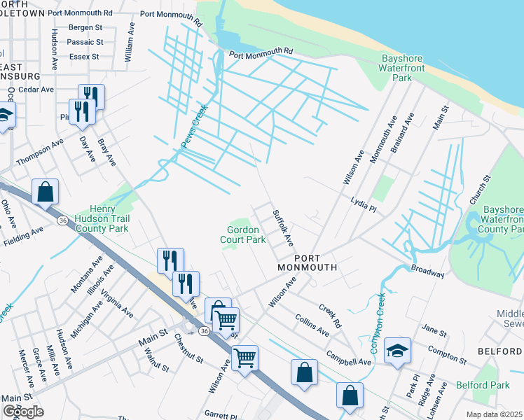 map of restaurants, bars, coffee shops, grocery stores, and more near 2 Avenue D in Port Monmouth
