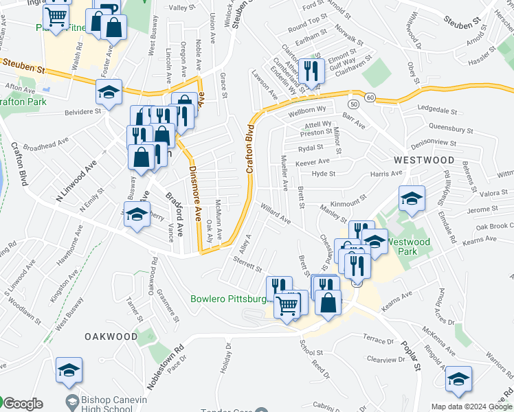 map of restaurants, bars, coffee shops, grocery stores, and more near 501 Clearview Avenue in Pittsburgh