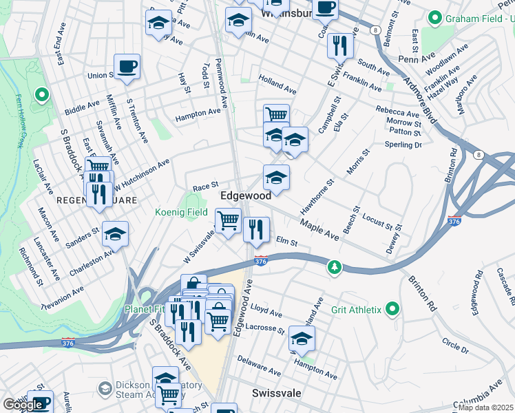 map of restaurants, bars, coffee shops, grocery stores, and more near 118 Maple Avenue in Pittsburgh