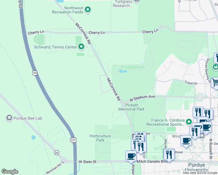 map of restaurants, bars, coffee shops, grocery stores, and more near 2100 Fairway Lane in West Lafayette