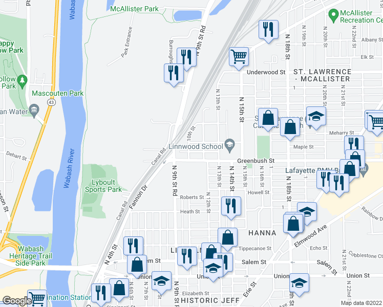 map of restaurants, bars, coffee shops, grocery stores, and more near 1513 North 10th Street in Lafayette
