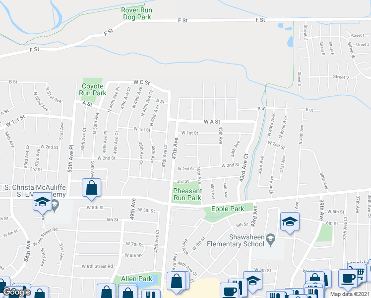 map of restaurants, bars, coffee shops, grocery stores, and more near 4622 West 1st Street Road in Greeley