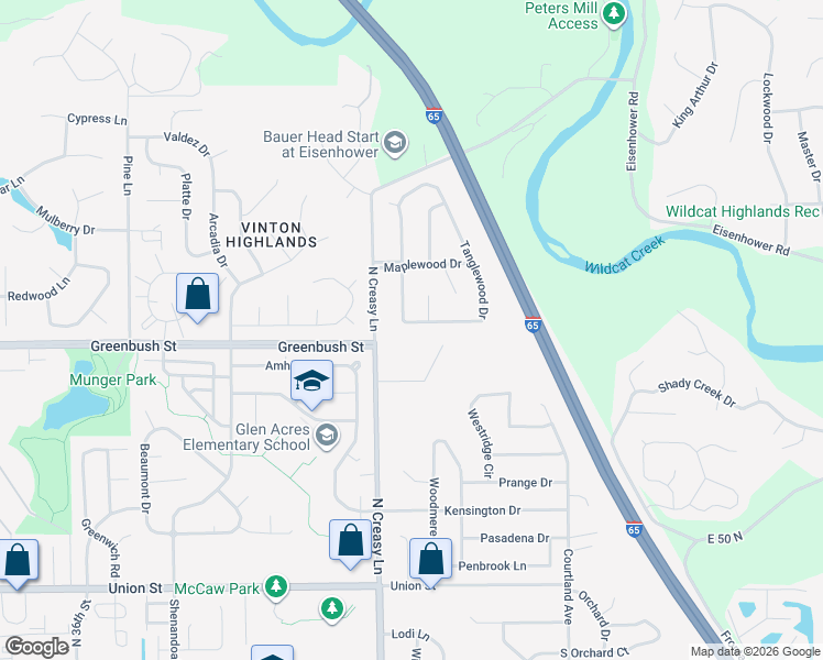 map of restaurants, bars, coffee shops, grocery stores, and more near 1619 Tanglewood Drive in Lafayette