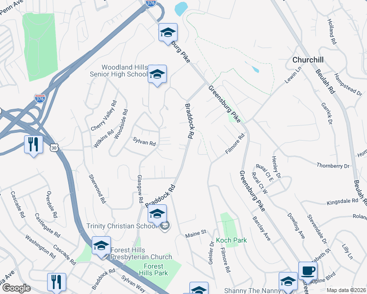 map of restaurants, bars, coffee shops, grocery stores, and more near 937 Braddock Road in Pittsburgh