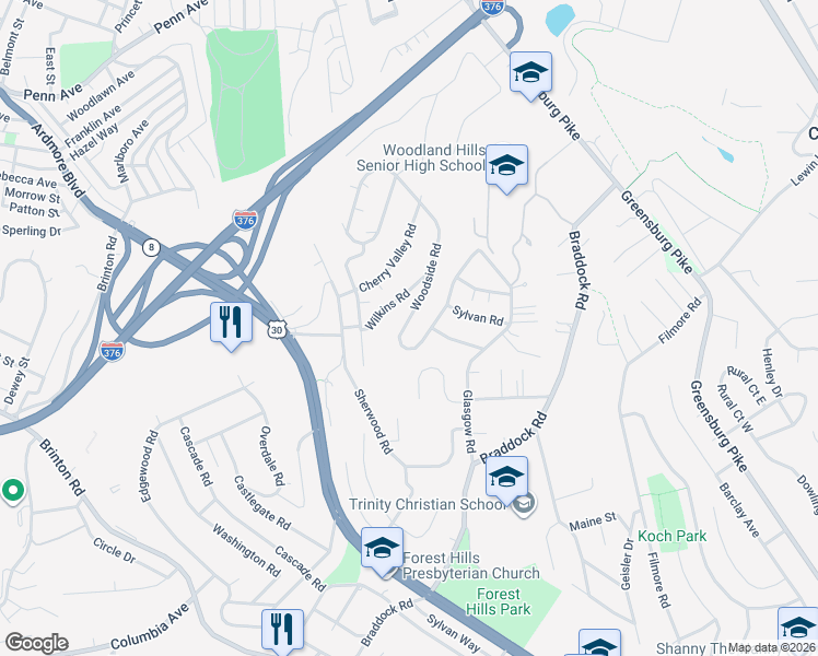 map of restaurants, bars, coffee shops, grocery stores, and more near 327 Woodside Road in Pittsburgh