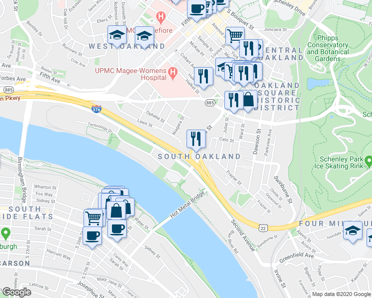 map of restaurants, bars, coffee shops, grocery stores, and more near in Pittsburgh