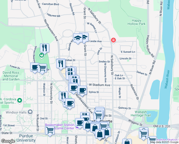 map of restaurants, bars, coffee shops, grocery stores, and more near 331 Lawn Avenue in West Lafayette