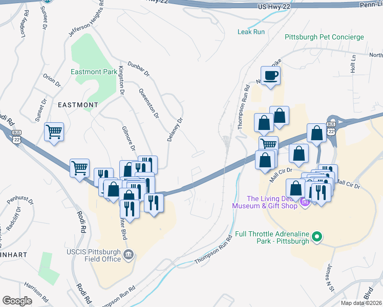 map of restaurants, bars, coffee shops, grocery stores, and more near 202 Hart Drive in Pittsburgh