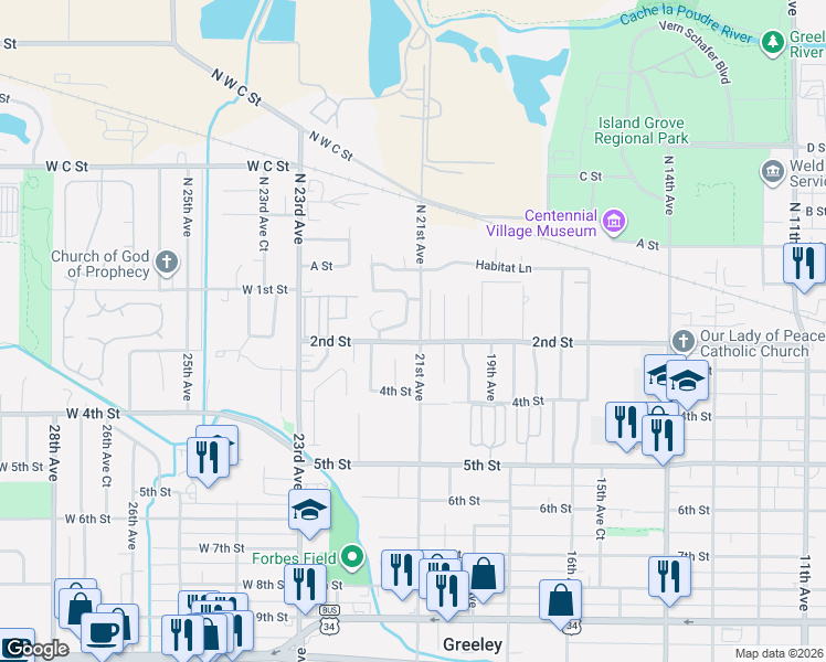 map of restaurants, bars, coffee shops, grocery stores, and more near 202 21st Avenue Place in Greeley