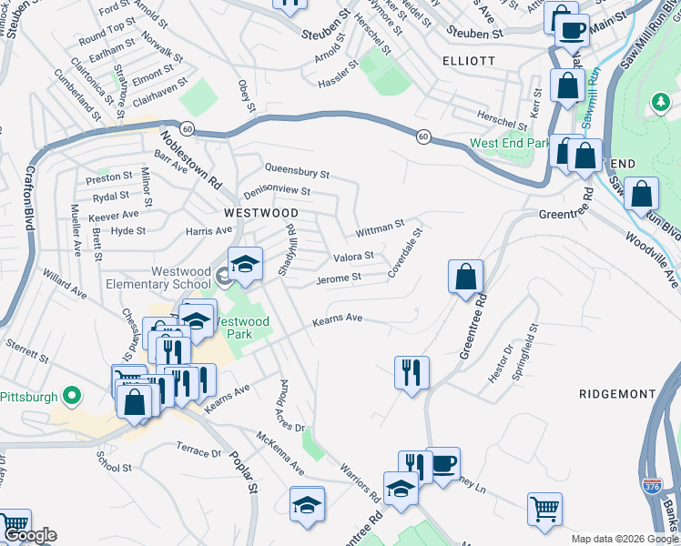 map of restaurants, bars, coffee shops, grocery stores, and more near 1124 Jerome Street in Pittsburgh