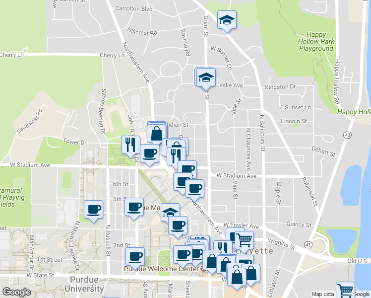 map of restaurants, bars, coffee shops, grocery stores, and more near 600 Evergreen Street in West Lafayette