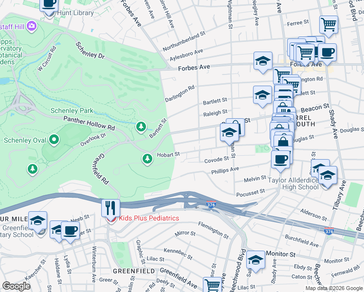 map of restaurants, bars, coffee shops, grocery stores, and more near 5406 Guarino Road in Pittsburgh