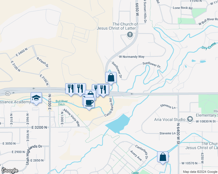 map of restaurants, bars, coffee shops, grocery stores, and more near 9700 Highland Boulevard in Highland
