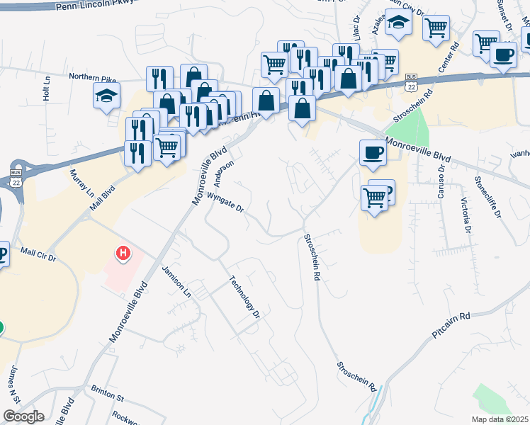 map of restaurants, bars, coffee shops, grocery stores, and more near 1100 Belmont Boulevard in Monroeville