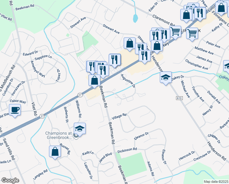 map of restaurants, bars, coffee shops, grocery stores, and more near 62 Augustine Drive in South Brunswick Township