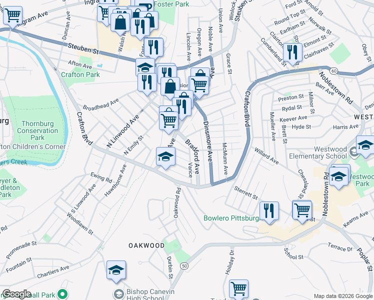map of restaurants, bars, coffee shops, grocery stores, and more near 20 Bell Avenue in Pittsburgh