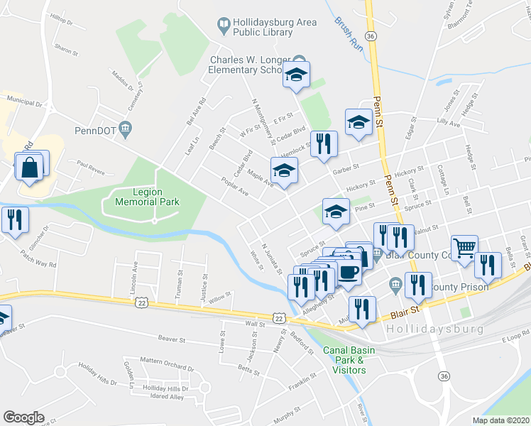 map of restaurants, bars, coffee shops, grocery stores, and more near 118 Garber Street in Hollidaysburg