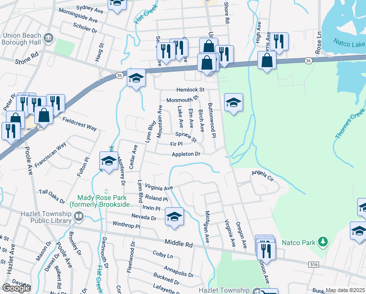 map of restaurants, bars, coffee shops, grocery stores, and more near 18 Fir Pl in Hazlet