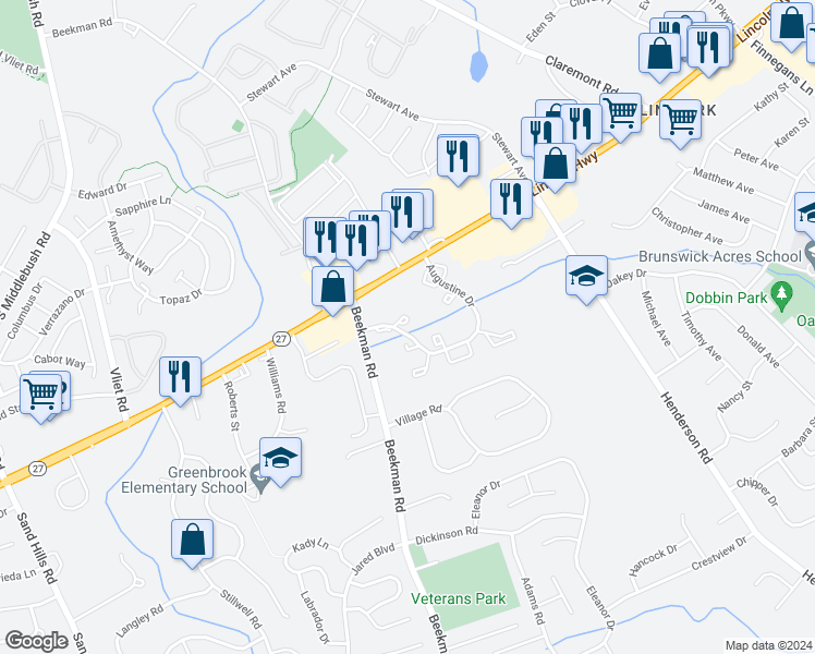 map of restaurants, bars, coffee shops, grocery stores, and more near 54 Curtis Court in South Brunswick Township