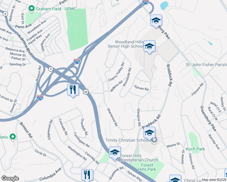 map of restaurants, bars, coffee shops, grocery stores, and more near 6 Wilkins Road in Pittsburgh