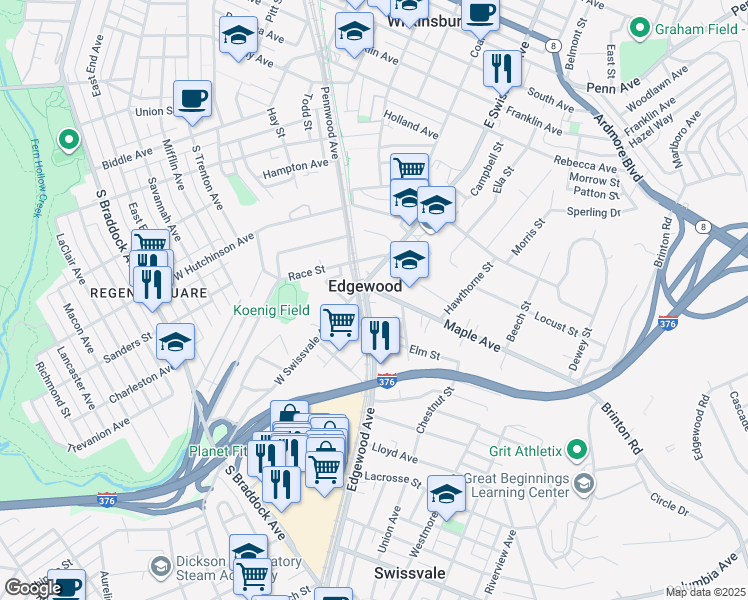 map of restaurants, bars, coffee shops, grocery stores, and more near 118 Maple Avenue in Pittsburgh