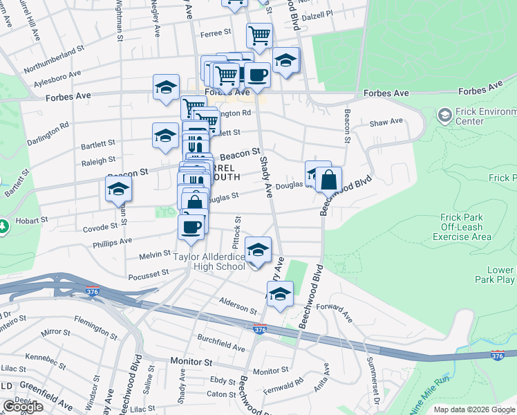 map of restaurants, bars, coffee shops, grocery stores, and more near 2230 Shady Avenue in Pittsburgh