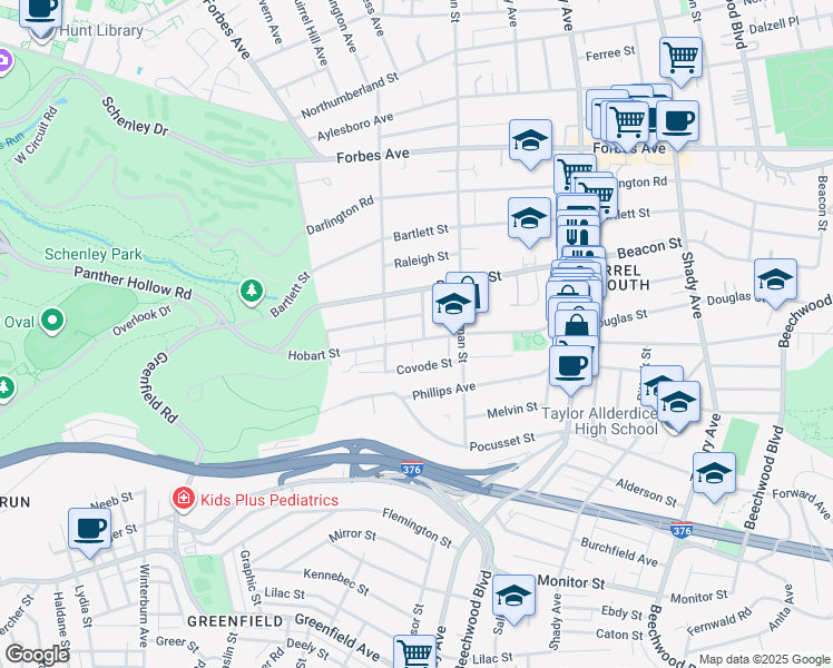 map of restaurants, bars, coffee shops, grocery stores, and more near 5540 Hobart Street in Pittsburgh