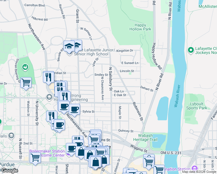 map of restaurants, bars, coffee shops, grocery stores, and more near 724 North Salisbury Street in West Lafayette
