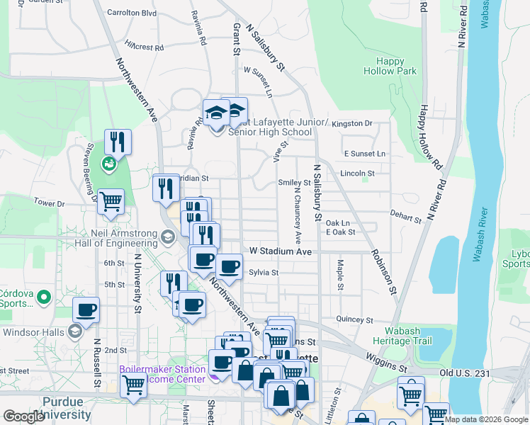 map of restaurants, bars, coffee shops, grocery stores, and more near 309 Lawn Avenue in West Lafayette