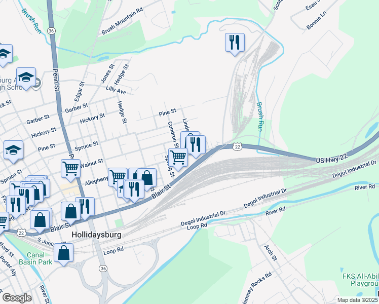 map of restaurants, bars, coffee shops, grocery stores, and more near 1413 Allegheny Street in Hollidaysburg
