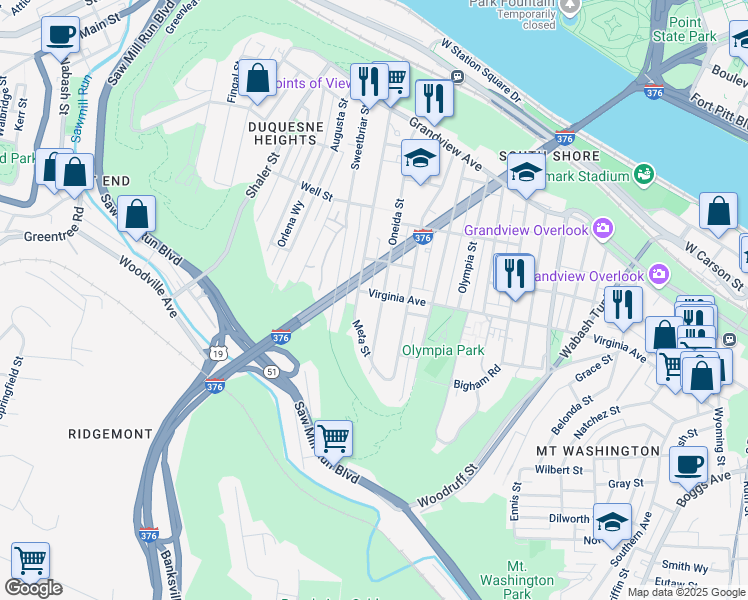 map of restaurants, bars, coffee shops, grocery stores, and more near 409 Oneida Street in Pittsburgh