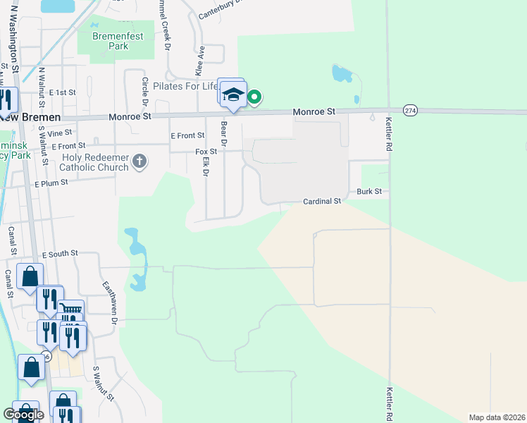 map of restaurants, bars, coffee shops, grocery stores, and more near 129 Cardinal Street in New Bremen