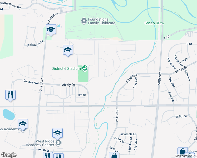 map of restaurants, bars, coffee shops, grocery stores, and more near in Greeley