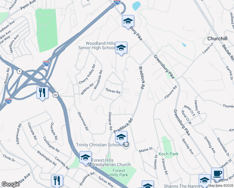 map of restaurants, bars, coffee shops, grocery stores, and more near 28 Sylvan Road in Pittsburgh