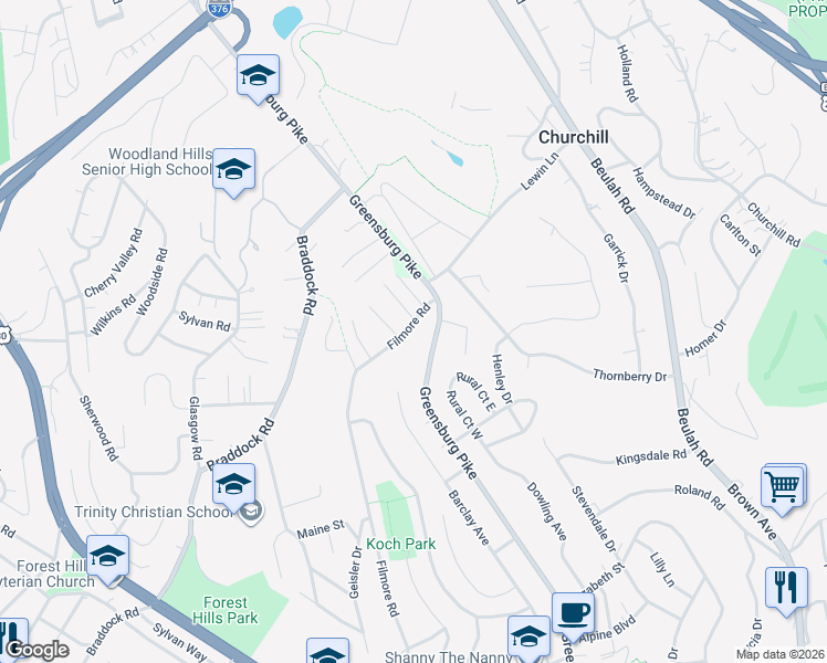 map of restaurants, bars, coffee shops, grocery stores, and more near 694 Filmore Road in Pittsburgh