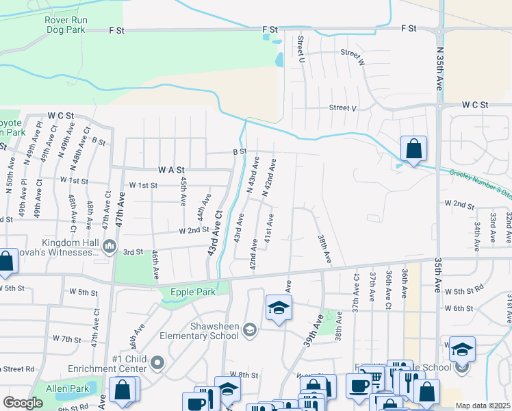 map of restaurants, bars, coffee shops, grocery stores, and more near 203 42nd Avenue in Greeley
