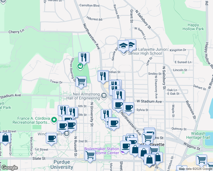 map of restaurants, bars, coffee shops, grocery stores, and more near 720 Northwestern Avenue in West Lafayette