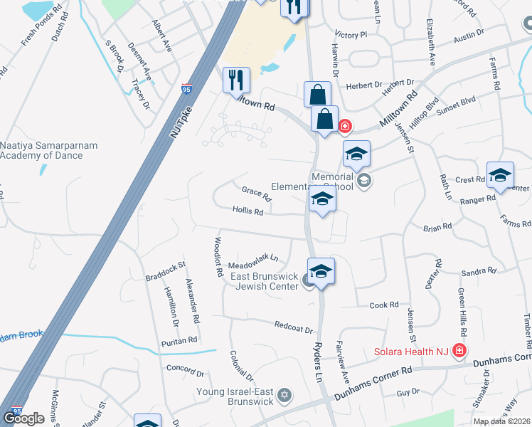 map of restaurants, bars, coffee shops, grocery stores, and more near 9 Hollis Road in East Brunswick