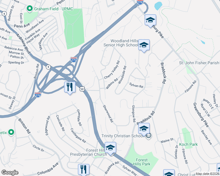 map of restaurants, bars, coffee shops, grocery stores, and more near 6 Wilkins Road in Pittsburgh