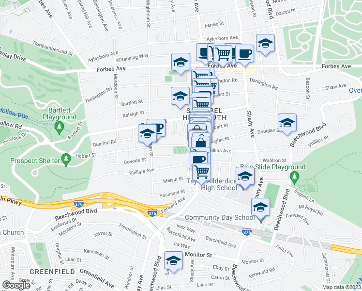 map of restaurants, bars, coffee shops, grocery stores, and more near 5646-5700 Hobart Street in Pittsburgh